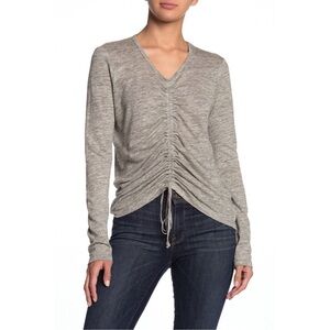 Veronica Beard Luci Linen Ruched V-Neck Shirt Heather Gray (S)